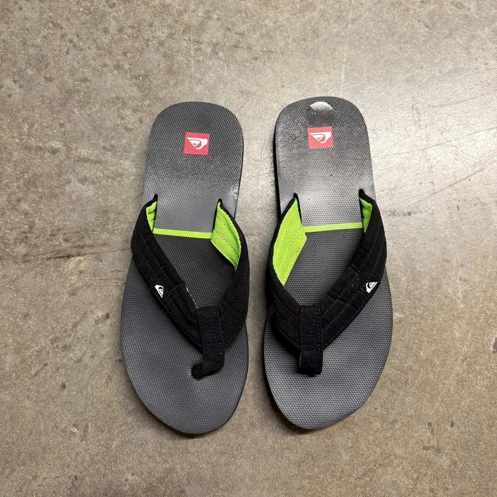 Quiksilver Mens Flip Flop Sandals Black Grey Neon Green Thong Beach Shoes 11.5in